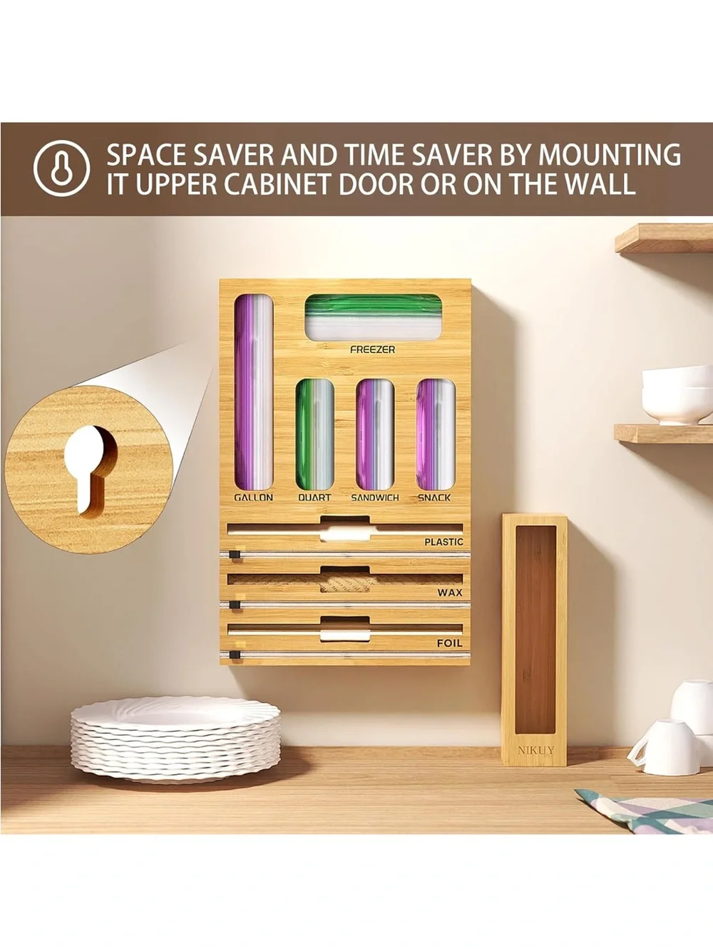 New Open Box 9 IN 1 Bamboo Foil and Plastic Wrap Organizer for Kitchen Drawer
